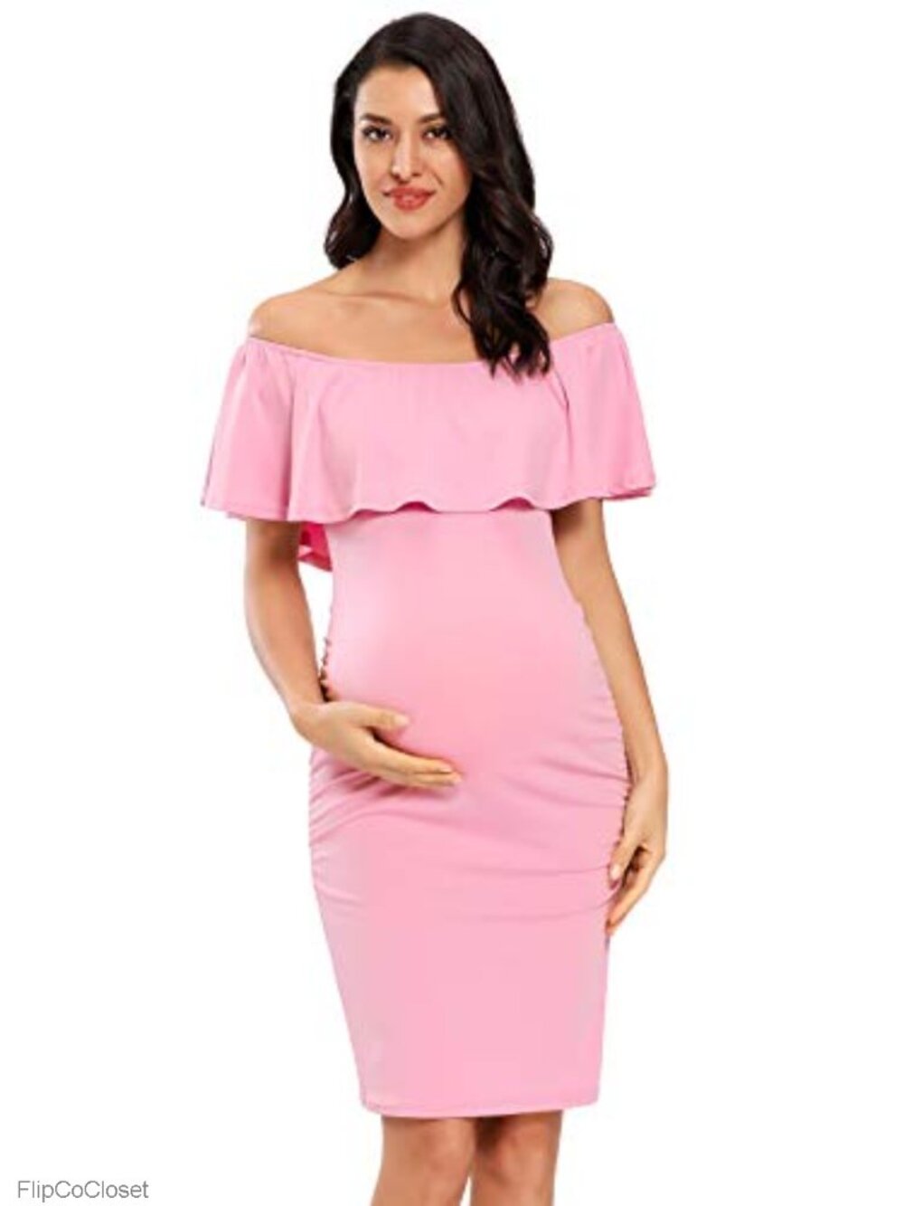 Off Shoulder Ruffle Sleeveless Bodycon Maternity Dress 95% Rayon 5% Spandex for